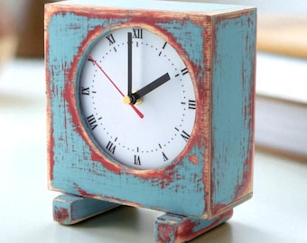 Blue Pink Desk Clock, Silent Wood Clock, No Ticking Square Table Clock, Unique Handmade Gift, Minimalist Office Decor, Back to School