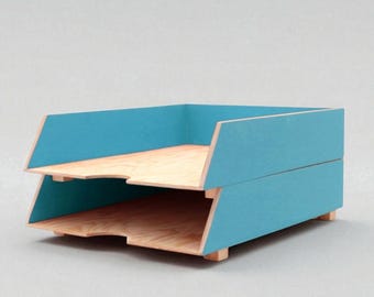 Turquoise Wood Paper Tray – A4 Stackable 2-Tier Desk Organizer for Home Office