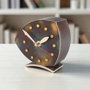 Fuma Wooden Desk Clock Handmade Gold Turquoise Patina Silent
