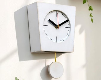 White Wooden Pendulum Wall Clock Hand Painted Minimalist