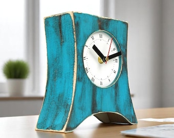 Rustic Mantel Clock in Turquoise and Brown, Distressed Table Clock, Handmade Wooden Clock, Unique Birthday Gift