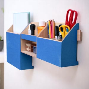 Modern Blue Wall Organizer: Home office Desk Storage, Handmade Wooden Student Organiser