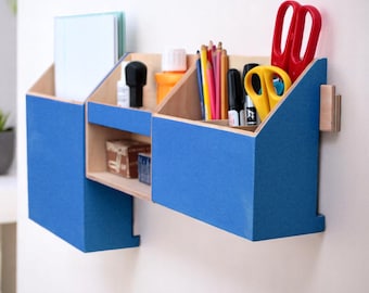 Modern Blue Wall Organizer: Home office Desk Storage, Handmade Wooden Student Organiser
