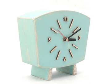 Pastel Mint Wood Table Clock, Desk Distressed Mantel clock, Shabby chic Summer Mint Green, NO TICKING Quiet, Peppermint tabletop xmas gift