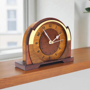 Art Deco Wooden Mantel Clock, Handmade Geometric Mid Century Desk Clock
