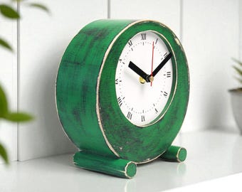 Rustic Green Wooden Desk Clock: Handmade Silent Asymmetrical Design