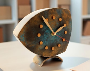 Fuma Wooden Desk Clock, Quiet Table Decor Patina in Turquoise Gold Tone