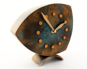 Desk Clock Gold Turquoise Brown colors, Unique Wood Tabletop clock with Shaded Gold Patina, Mothers day gift,