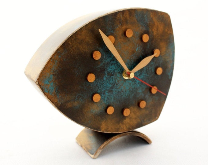 Featured listing image: Desk Clock Gold Turquoise Brown colors, Unique Wood Tabletop clock with Shaded Gold Patina, Mothers day gift,