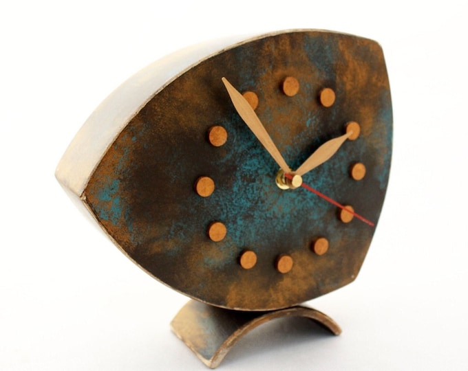 Featured listing image: Desk Wood Clock Gold Turquoise Brown Colors | Unique Wooden Tabletop Clock | Shaded Gold Patina | Asymmetrical Shape | Unique Gift for Dad