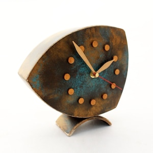 Desk Clock Gold Turquoise Brown colors, Unique Wood Tabletop clock with Shaded Gold Patina, Mothers day gift, image 1