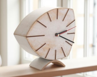 Handmade White Fuma Wood Desk Clock, 70s Retro Vintage Mantel Clock Gift