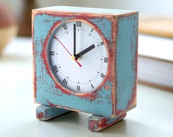 Blue Pink Wooden Desk Clock Silent, Handmade Square Table Clock