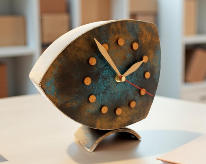 Featured listing image: Handmade Wood Table Clock: Gold Patina Turquoise Brown, Asymmetrical Desk Decor