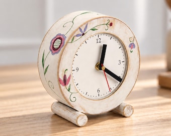 Floral Wooden Desk Clock, Silent Folk Art Cottage Decor