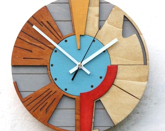 Modern Wood Wall Clock 19 Inch, Silent Quartz, Handmade Large Geometric Wall Decor, Unique Gift for Home