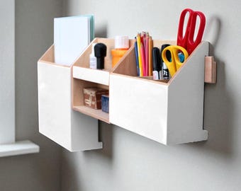 Handmade White Wooden Wall Organizer, Scandinavian Desk Storage, Home Office Decor