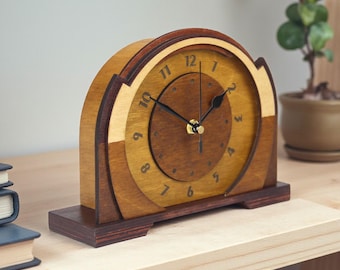 Wooden Desk Clock: Art Deco Mantel Style, Mid-Century Modern Shelf Decor