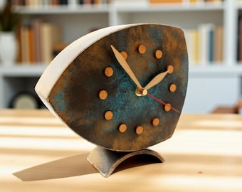 Vintage Style Wooden Table Clock, Turquoise Brown Patina, Silent Desk Clock