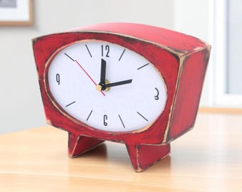 Red Wooden Desk Clock Silent Mid Century Mantel Clock