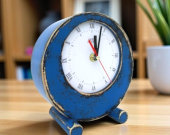 Blue Wood Tabletop Clock - Silent, Vintage Style Desk Clock