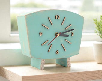 Mint Green Wooden Desk Clock Non-Ticking Shabby Chic Mantel Decor Gift