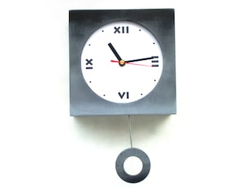 NO TICKING / QUIET Wall clock Pendulum clock, Shaded clock Grey Black, 11 inch long, Silent Wood Wall Hanging Clock, Spring birthday gift