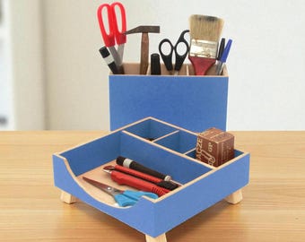 Blue Wooden Desk Organizer, Handmade Office Organiser