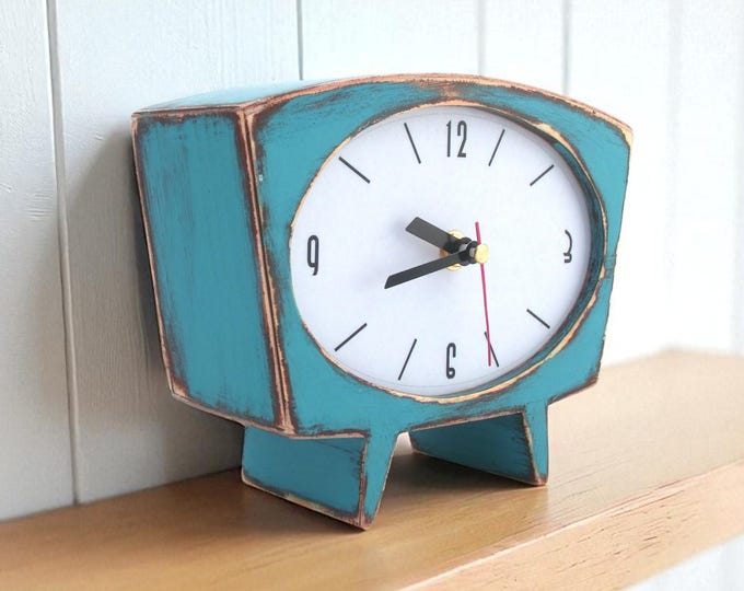 Featured listing image: Handmade Wooden Mantel Clock, Silent Shelf Decor Turquoise And Blue