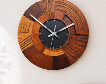 Handmade Geometric Wooden Wall Clock 19" Silent Quartz
