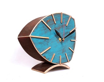 Clock Desk Turquoise Brown NO TICKING, Wood Tabletop clock made flexible plywood, Handmade  gift, Distressed paint in vintage style by Artma