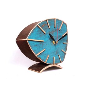 Clock Desk Turquoise Brown NO TICKING, Wood Tabletop clock made flexible plywood, Handmade  gift, Distressed paint in vintage style by Artma