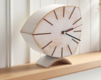 White Wooden Desk Clock, Silent Vintage Style Handmade Home Decor