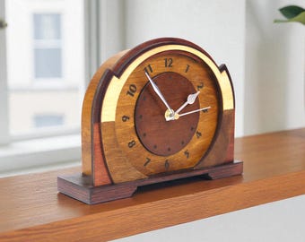 Wooden Mantel Clock, Geometric Mid-Century Desk Shelf Clock, Art Deco Handmade Xmas Gift