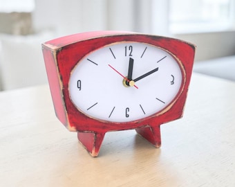 Red Wooden Desk Clock: Quiet Mechanism, Vintage 60s Style Mantel Ruby Decor