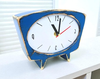 Blue Wood Desk Clock, Handmade Retro Accent, Wooden Office and Home Decor
