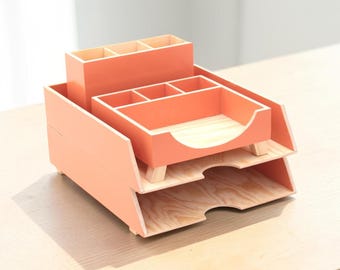 Orange Wooden Desk Organizer Set Handmade Office Storage