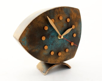 Unique Wood Tabletop clock with Shaded Patina Gold color, NO TICKING Desk Clock Gold Turquoise Brown colors in Vintage style, Xmas gift