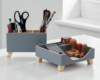 Gray Desk Organizer, Wood Pencil Holder, Office Storage Box Set for Students, Handmade Home Office Decor, Back to School Gift, FREE SHIPPING