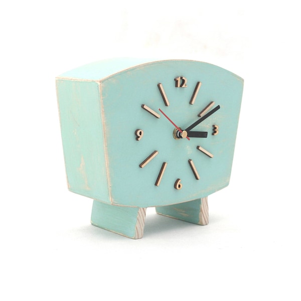 NO TICKING Pastel Mint Clock Table, Silent / Quiet Wood Desk Clock, Distressed Mantel clock, Shabby chic Summer Mint Green decor