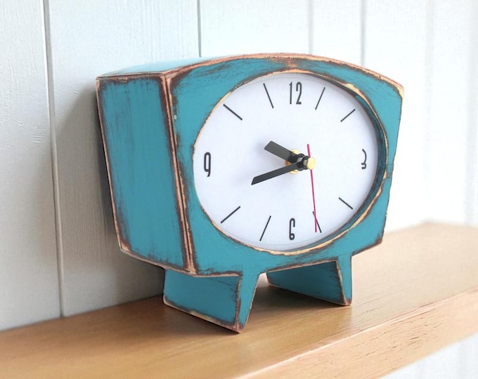 Featured listing image: Handmade Wooden Mantel Clock, Silent Shelf Decor Turquoise And Blue