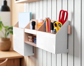 Handcrafted White Wood Wall Organizer: Entryway Mail & Pen Holder