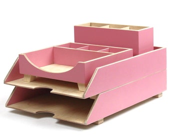 Pink Desk Organizer Set, Office desk Accessories, Back to School, Wooden Home office storage desk, Office command center, Gift for Her
