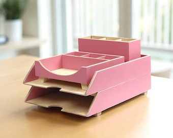 Handmade Pink Wooden Desk Organizer with Stackable Trays