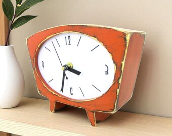 Silent Orange Wooden Desk Clock, Handmade Mid Century Style Table Decor