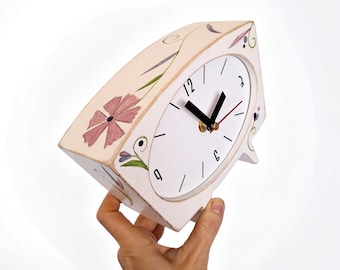 White Wooden Floral Desk Clock, NO TICKING Silent Clock, Hand Painted Folk Art, Mother's Day Gift