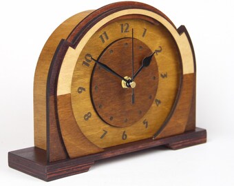 Wooden Mantel Clock, Silent No Ticking Mid Century Ochre Mahogany Table Clock, Natural Wood Art Deco Desk Clock Retro, Unique Birthday gift
