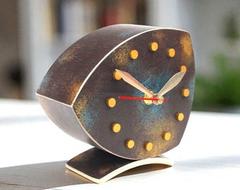 No Ticking Table Clock, Handmade Silent Desk Clock, Asymmetrical Fuma Wood, Gold Turquoise Brown Patina, Gift for Her, Lightweight Fuma Wood