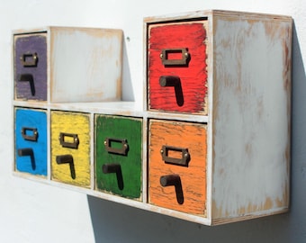 Hand Painted Drawer Shelf | Multicolor Distressed Retro Vintage | Wall Decor and Storage