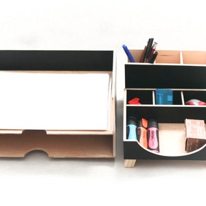 Desk Organizer Black Wood Office by Artma Studio, Plywood Office Desk set, Paper tray desk, Home Office Mail sorter Pen Holder, Remote work image 2